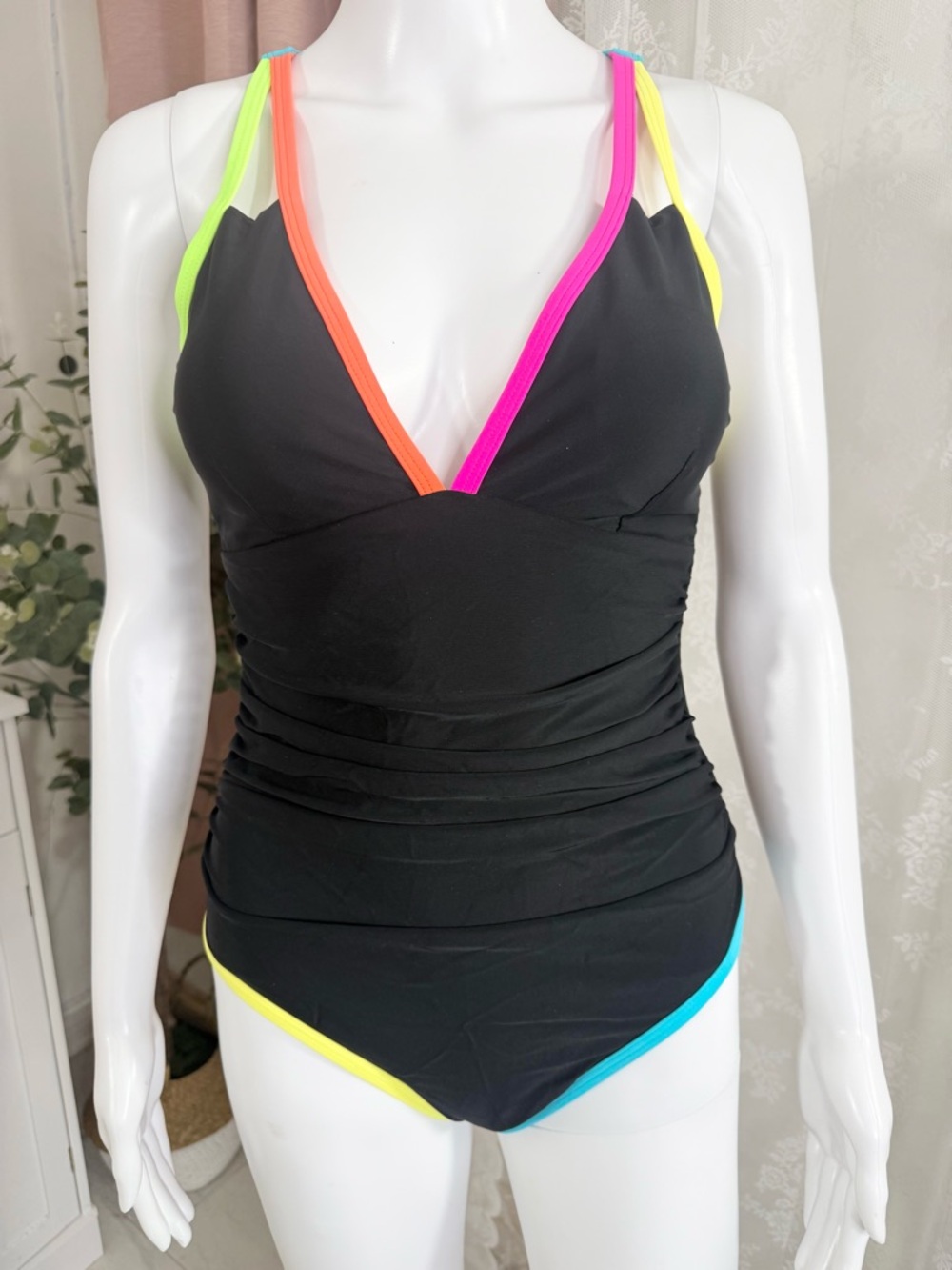 POPVIL.  Black One-Piece Swimsuit with Neon Trim
BIN#8